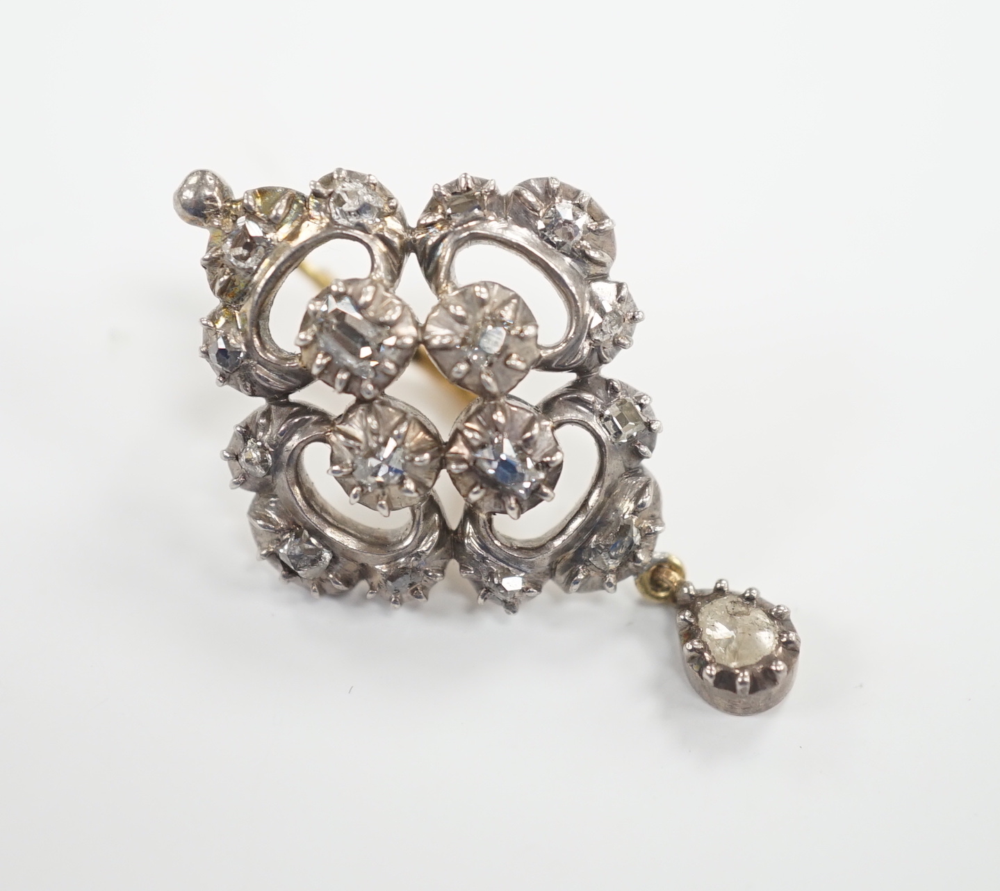 A single antique white and yellow metal and rose cut diamond set drop earring, 34mm, gross weight 6.1 grams.